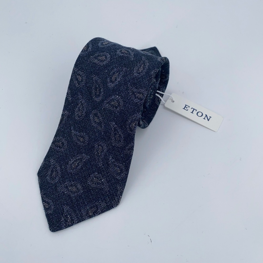 Eton Tie Mens One Size Blue Paisley Linen Classic Luxury Necktie Italy Made NWT